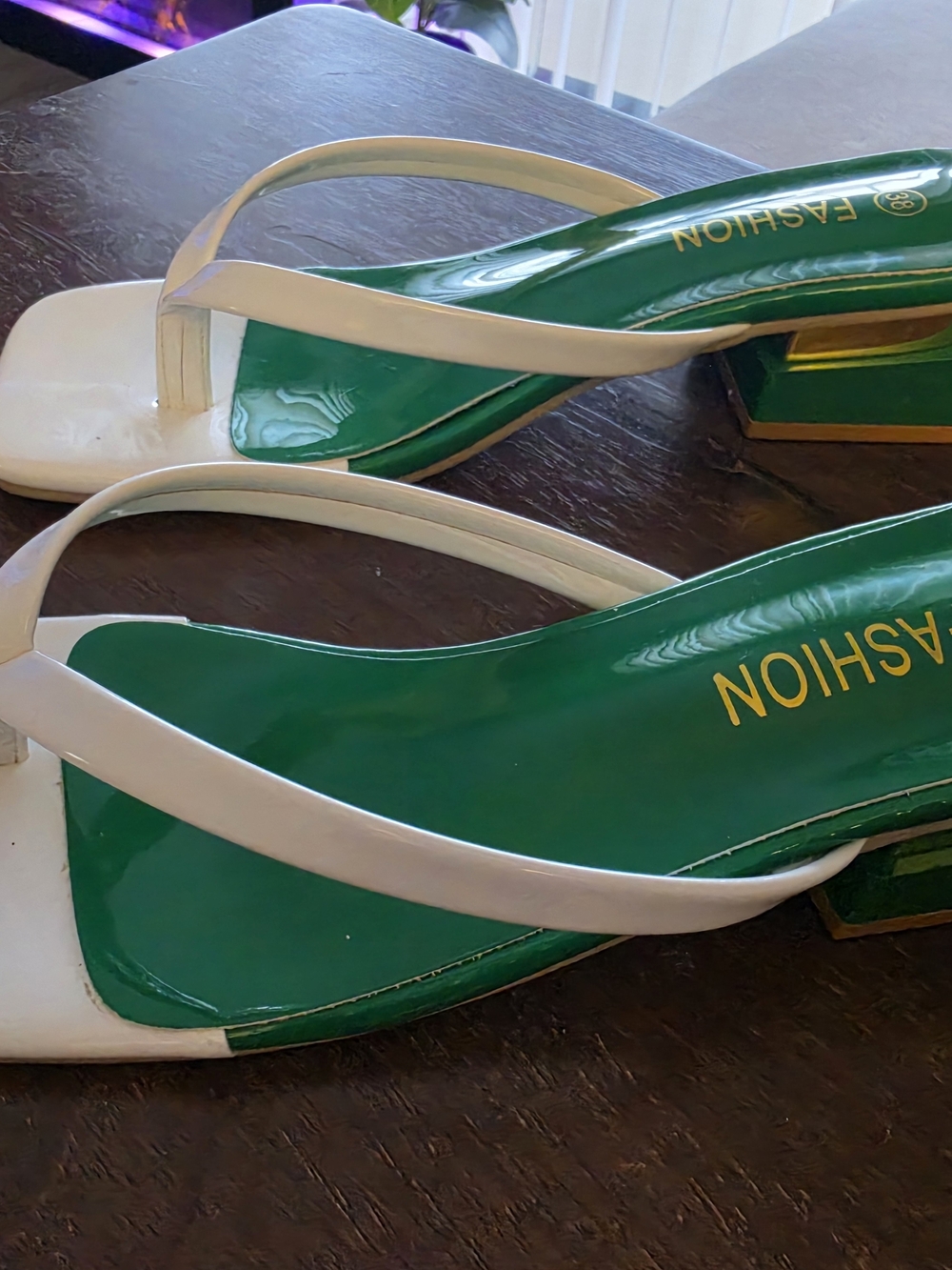 Colorblock White & Green Square-Toe Thong Sandals - Picture 3 of 5